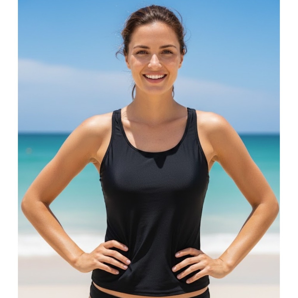 TEMPT ME Black Razorback Tankini Swim Top Padded Adjustable‎ Strap Size L